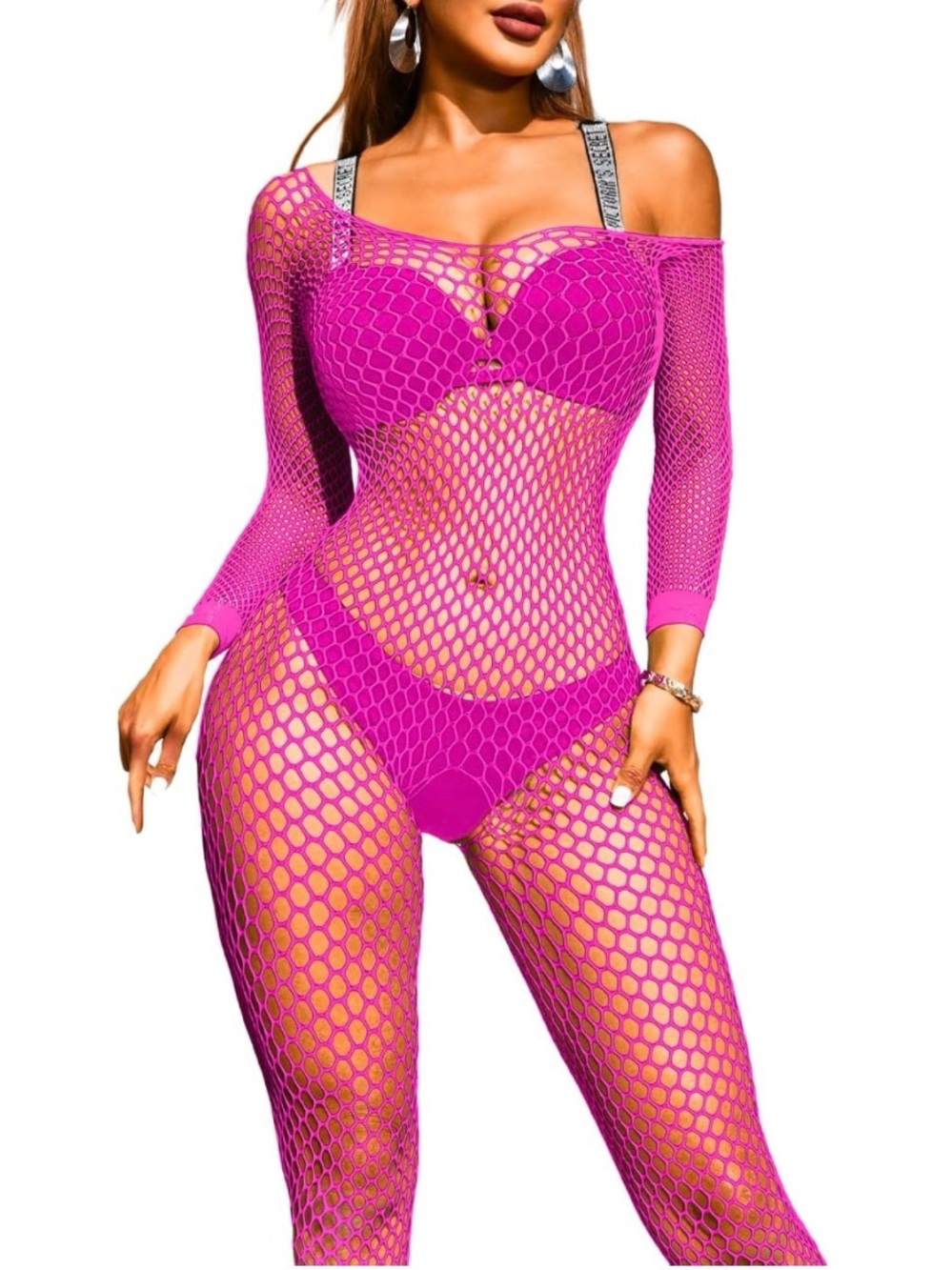 Neon Pink Fishnet Long Sleeve Full Body Bodysuit